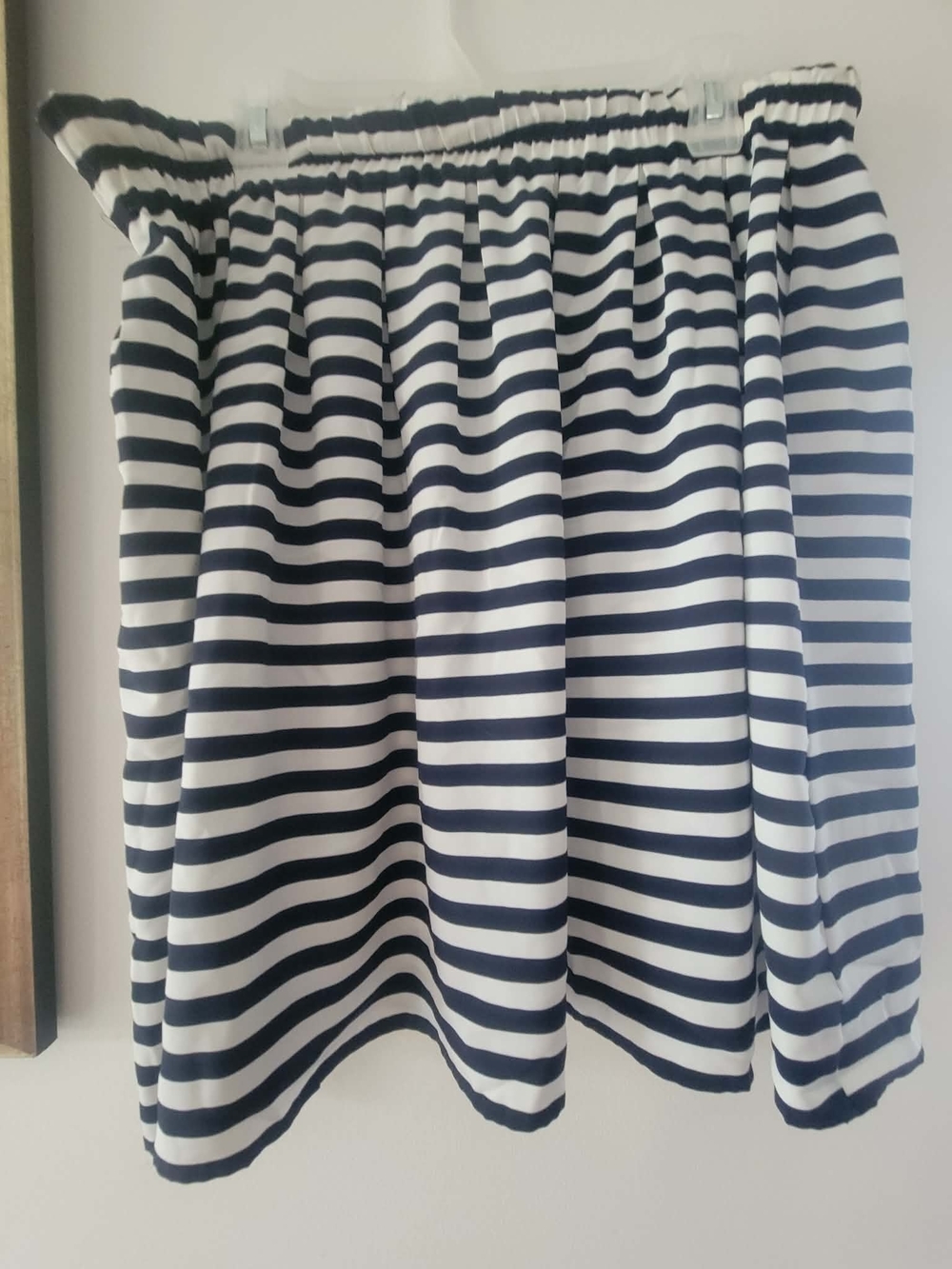 Navy and White Striped Midi Skirt with Elastic Waist